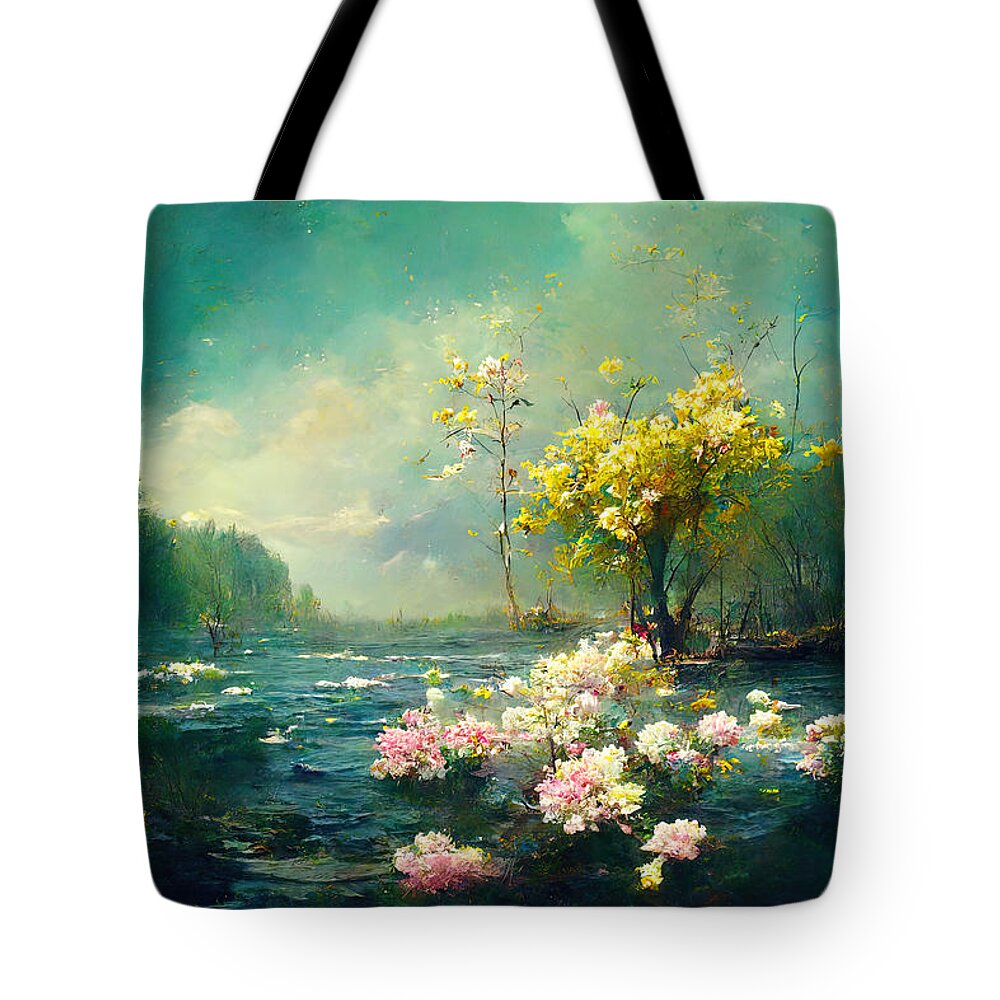 Lake Tote Bag featuring the painting Spring, Symphony of Nature, 09 by AM FineArtPrints