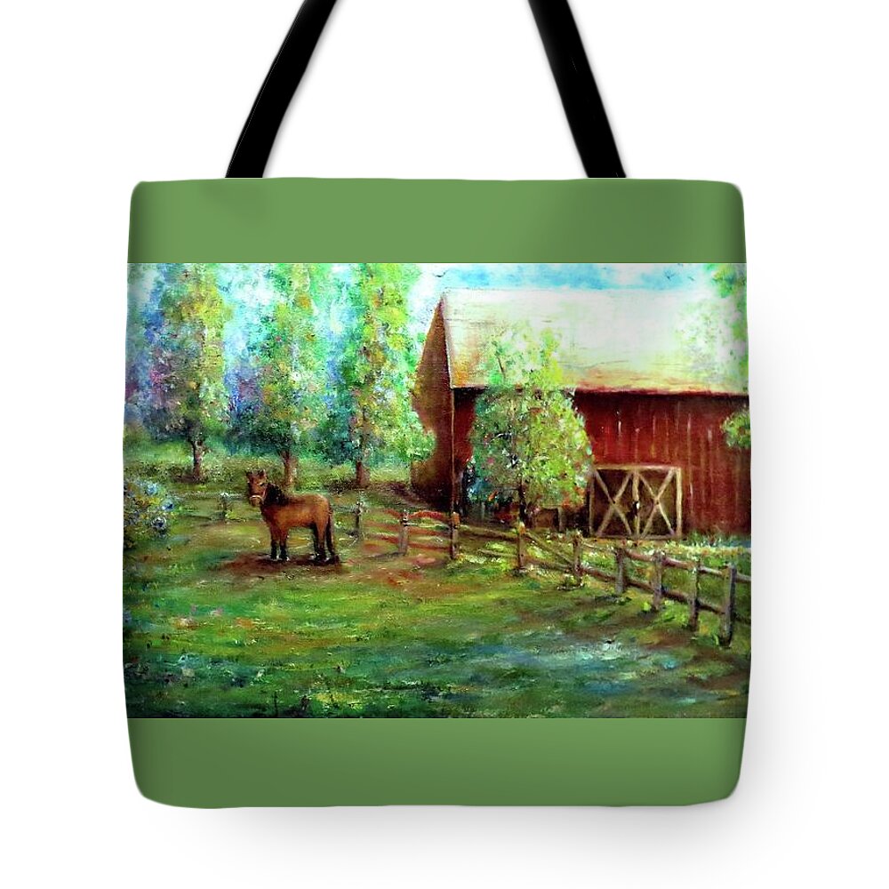 Horse Tote Bag featuring the painting Springborn Horse Farm by Bernadette Krupa