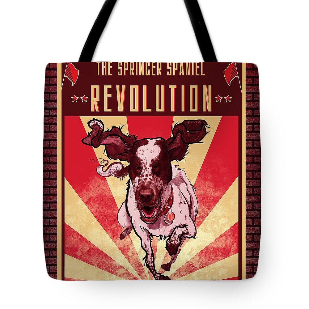 English Springer Spaniel Tote Bag featuring the drawing Springer Spaniel REVOLUTION by Canine Caricatures By John LaFree