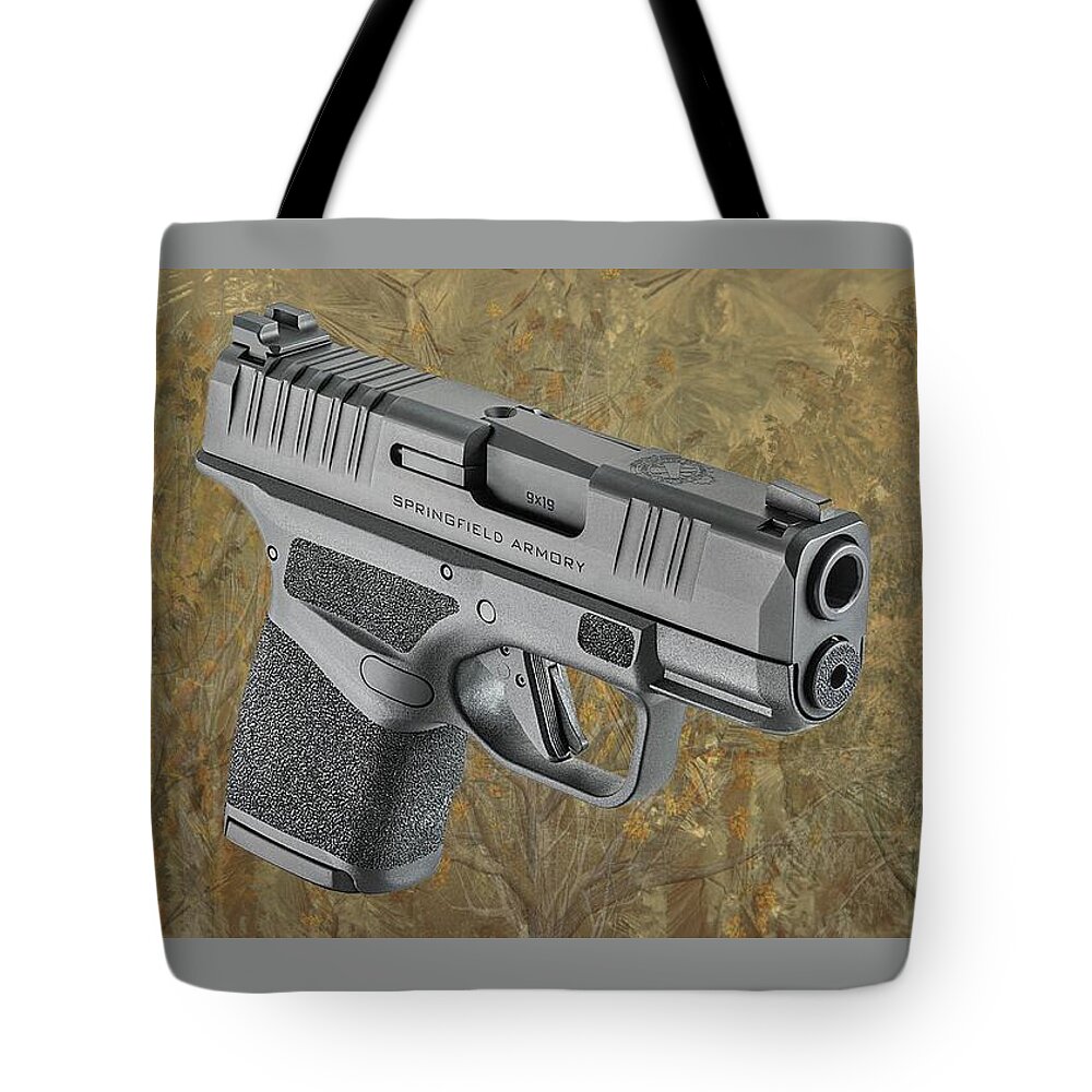 Springfield Armory Tote Bag featuring the mixed media Springfield Armory Hellcat Pistol Trees Texture by Movie Poster Prints