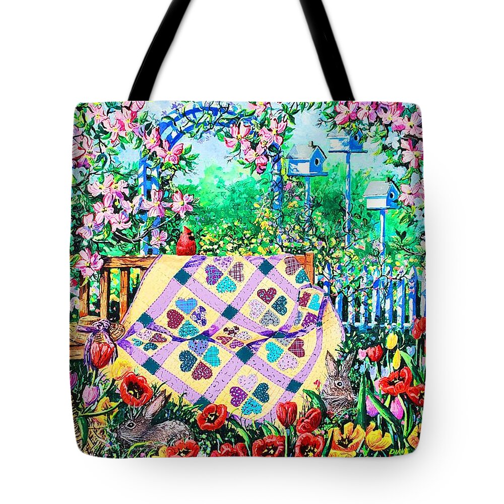 Garden Bench Tote Bag featuring the painting Springtime Hearts and Flowers by Diane Phalen
