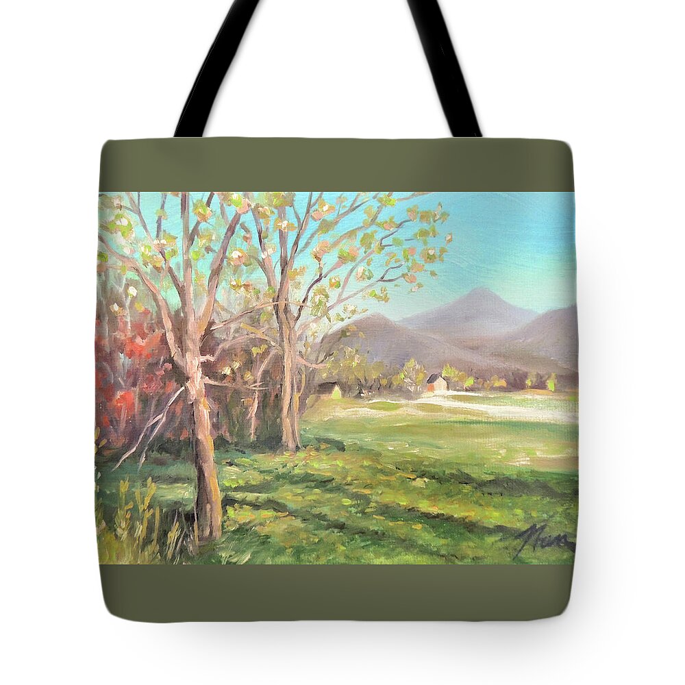 Impressionism Tote Bag featuring the painting Springtime in the Meadow by Nancy Griswold