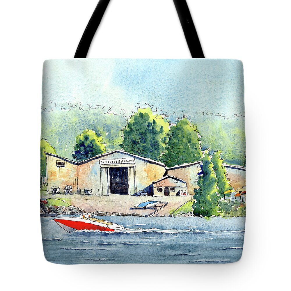 Watercolor Tote Bag featuring the painting Squirrel's Marina by Scott Brown