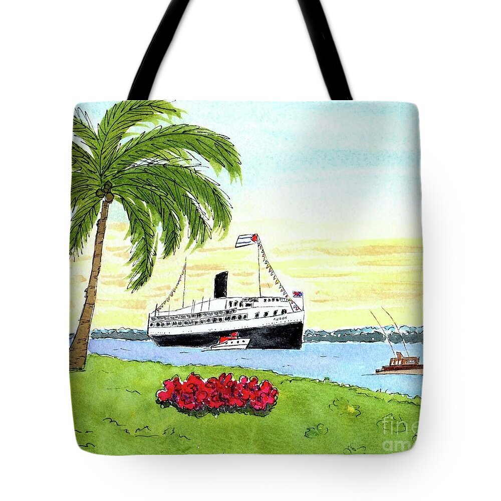 Vintage Post Card Tote Bag featuring the painting S.S. Florida Cruising into Miama by Donna Mibus