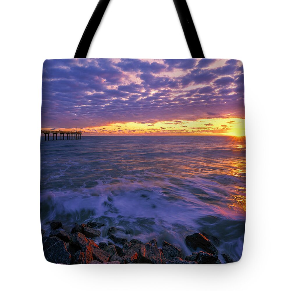 Saint Augustine Fishing Pier Tote Bag featuring the photograph St Augustine Pier Sunrise by Susan Candelario