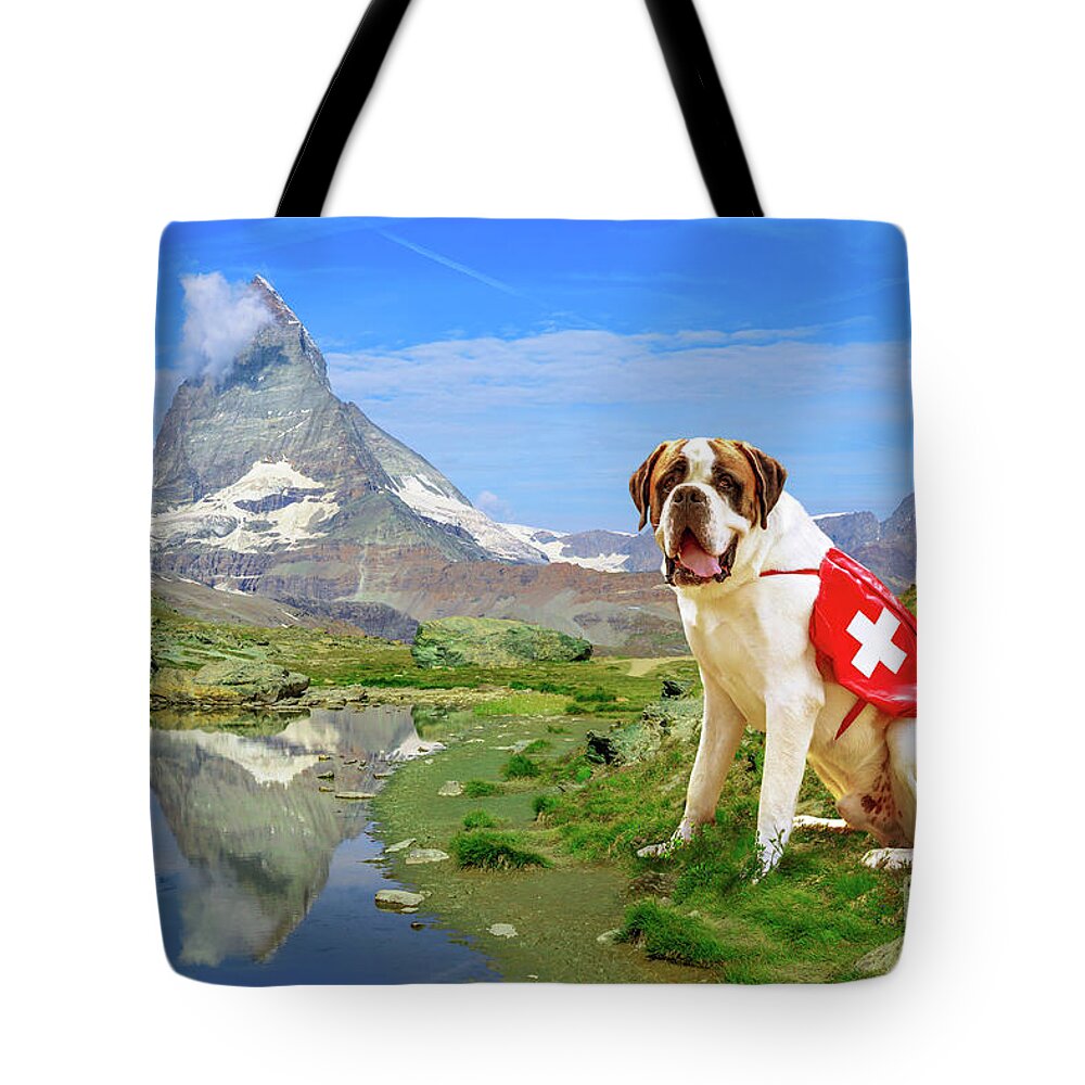 St Bernard Dog Tote Bag featuring the photograph St. Bernard Dog in Switzerland by Benny Marty