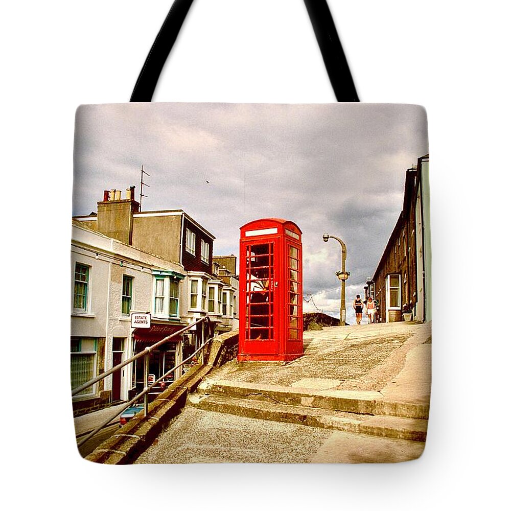 Red Tote Bag featuring the photograph St. Ives Red Telephone Box by Gordon James