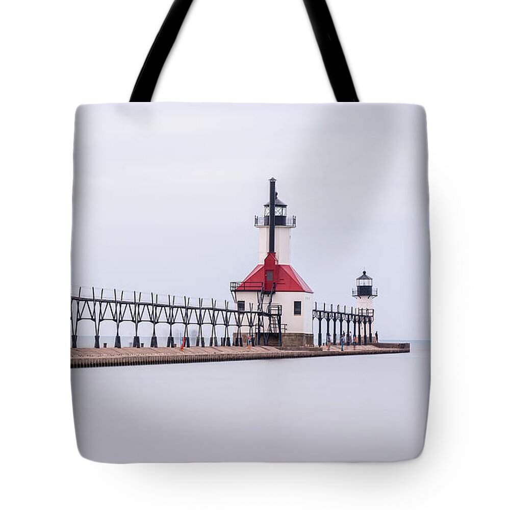 Lighthouse Tote Bag featuring the digital art St. Joseph North Pier Lighthouse by Kevin McClish