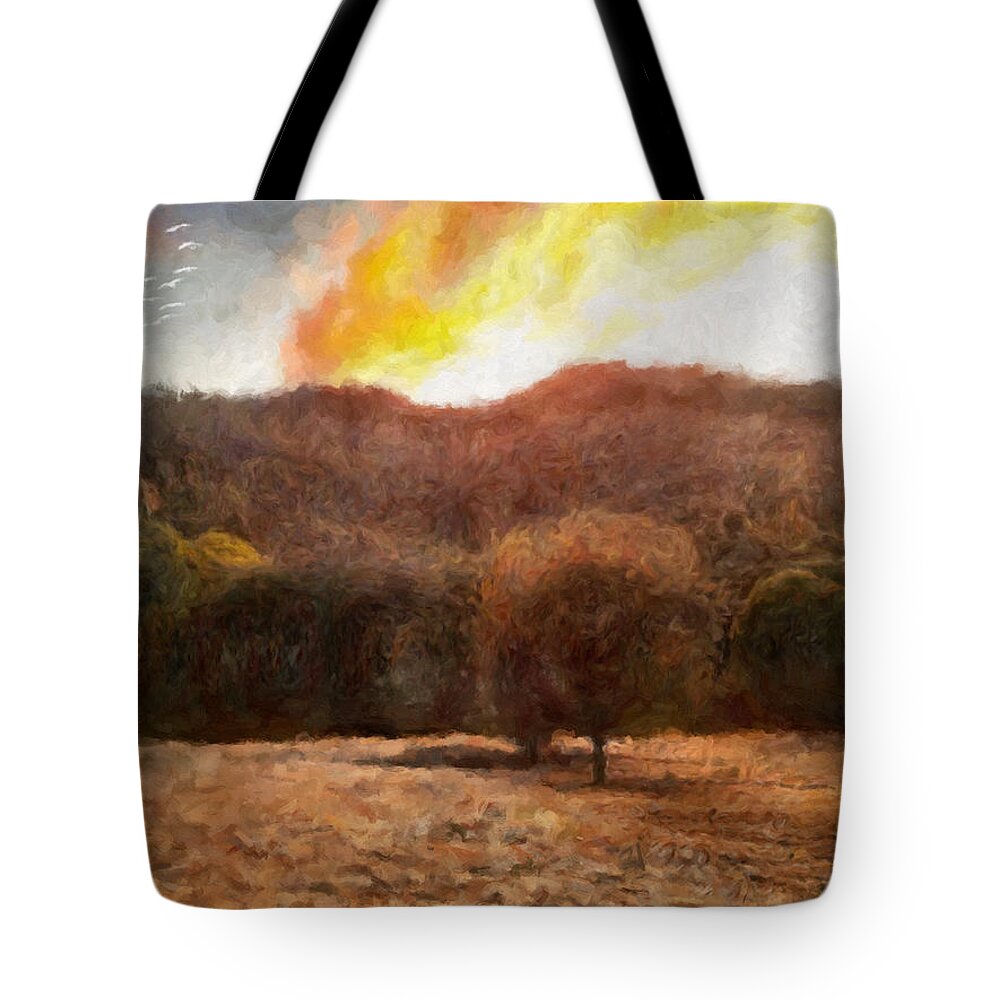  Landscape Tote Bag featuring the painting St. Joseph's Fire, Santa Cruz Mountains, California by Trask Ferrero