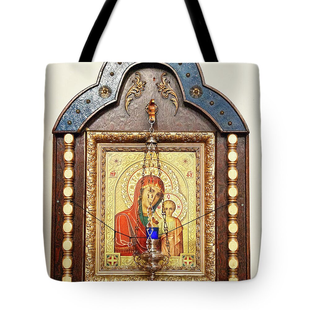 St. Mary Tote Bag featuring the photograph St. Mary and Jesus orthodox icon by Tatiana Travelways