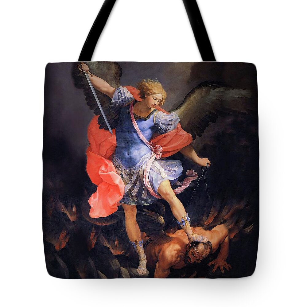 St Michael Tote Bag featuring the mixed media St Michael the Archangel Angel by Guido Reni