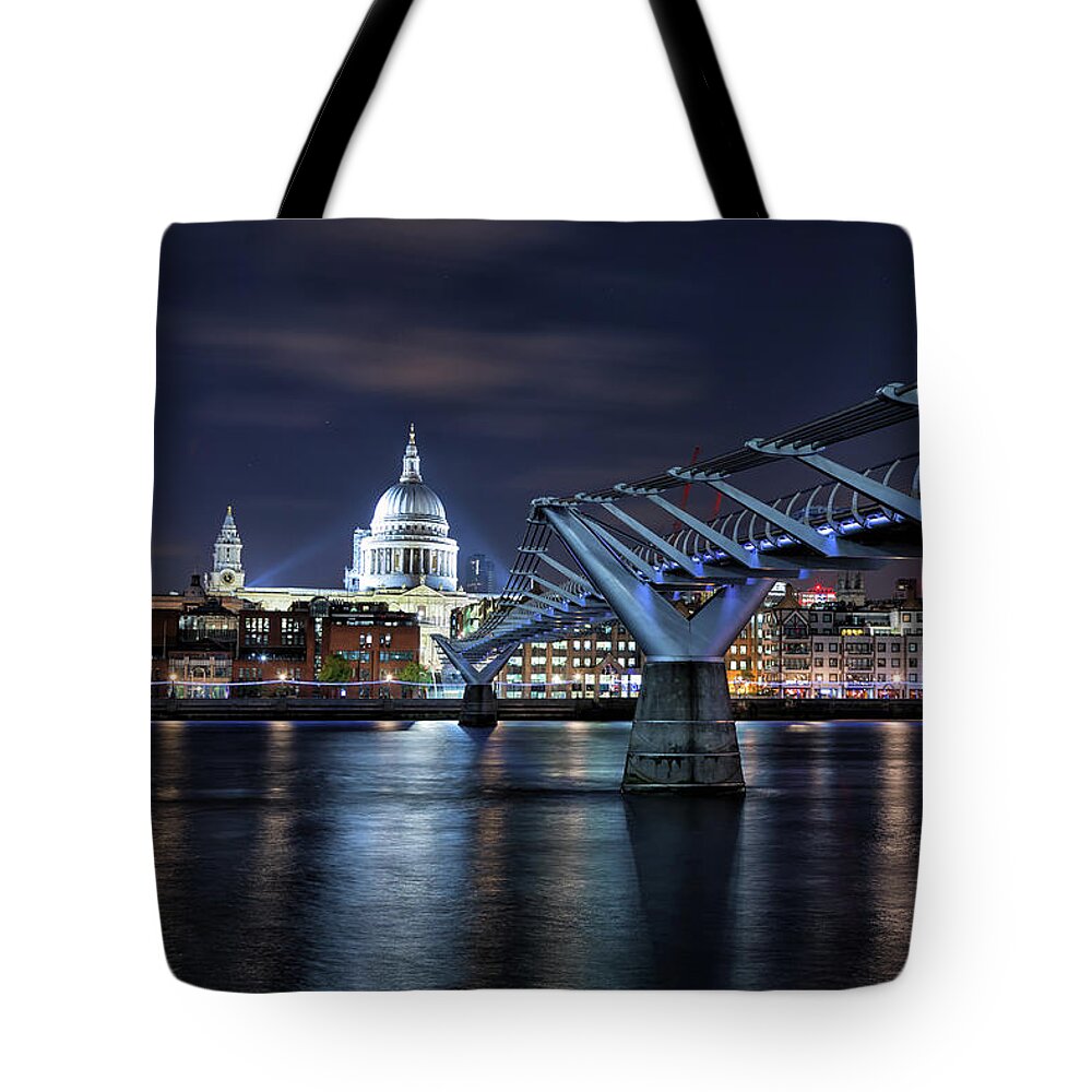 London Tote Bag featuring the photograph St Paul's Cathedral and the Millennium Bridge at night by Jane Rix