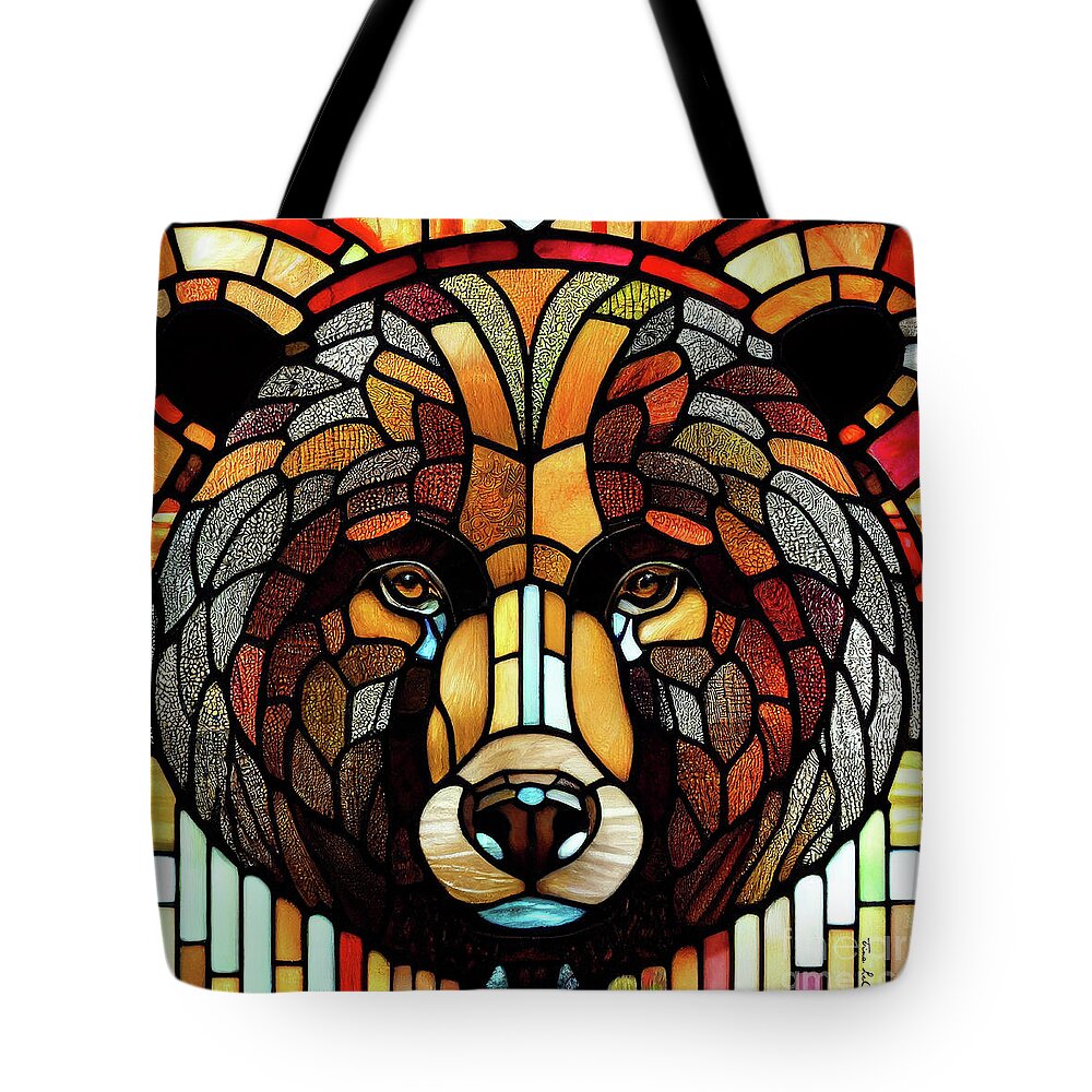 Stained Glass Tote Bag featuring the digital art Stained Glass Grizzly Bear by Tina LeCour