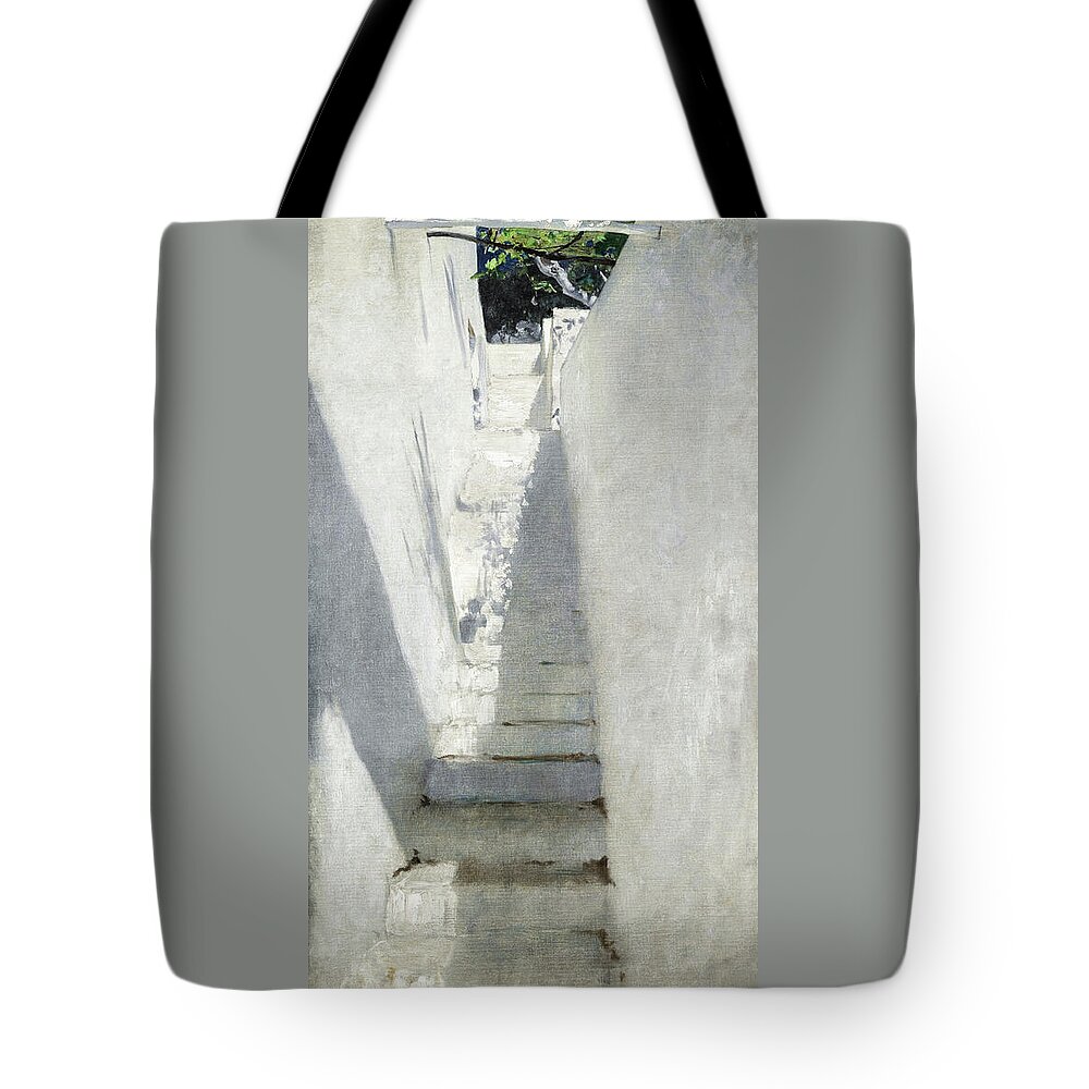 Staircase In Capri Tote Bag featuring the painting Staircase in Capri by John Singer Sargent 1878 by John singer Sargent
