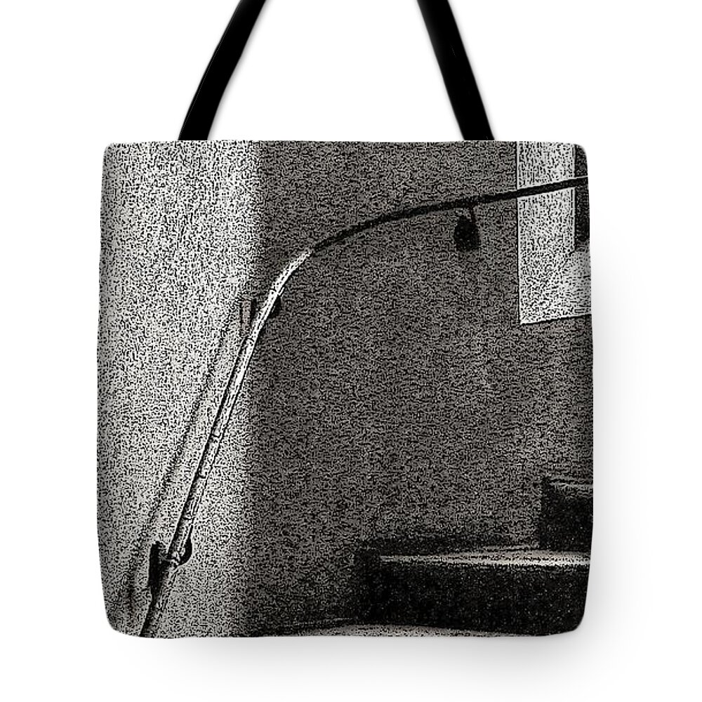 Stairs Indoor Window B&w Tote Bag featuring the photograph Stairs Indoors2 by John Linnemeyer