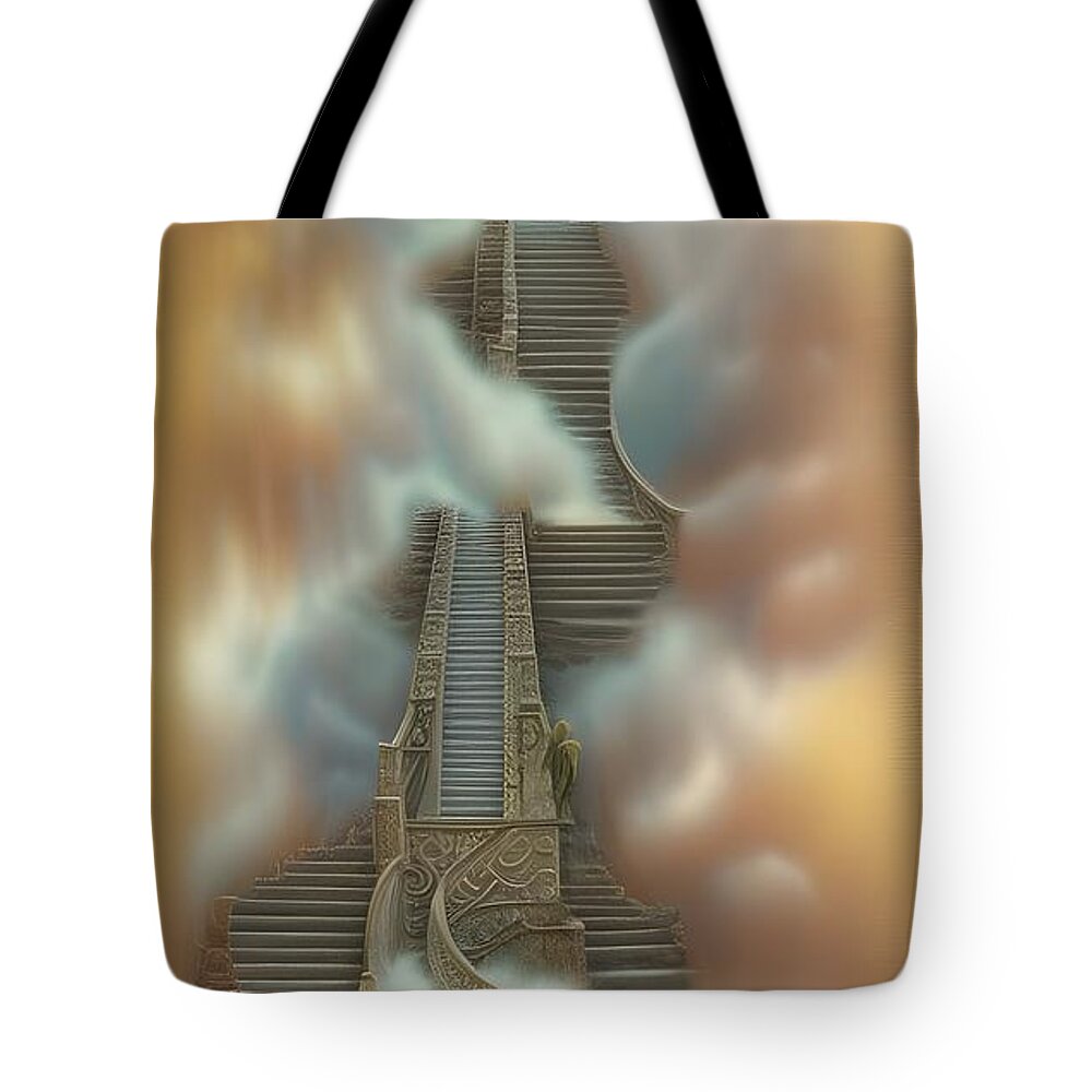Digital Stairway Clouds Heaven Tote Bag featuring the digital art Stairway to Heaven II by Beverly Read