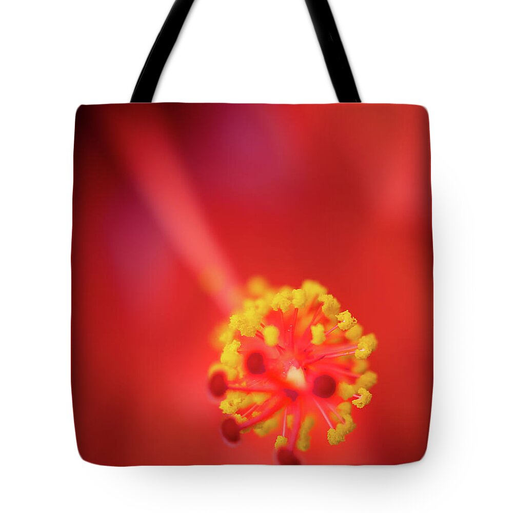 Red Tote Bag featuring the photograph Stamen by M Kathleen Warren