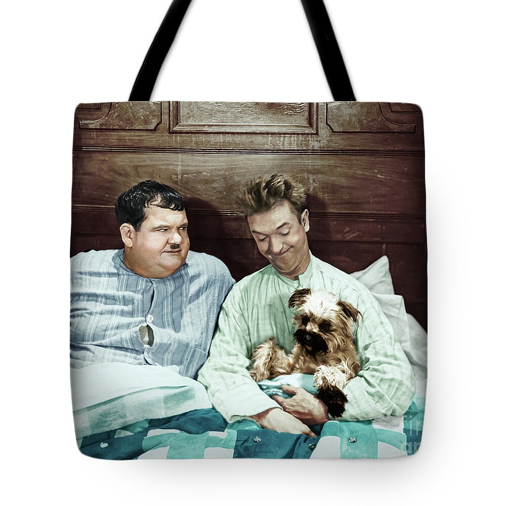 Stan Tote Bag featuring the digital art Stan and Ollie with their Puppy by Franchi Torres