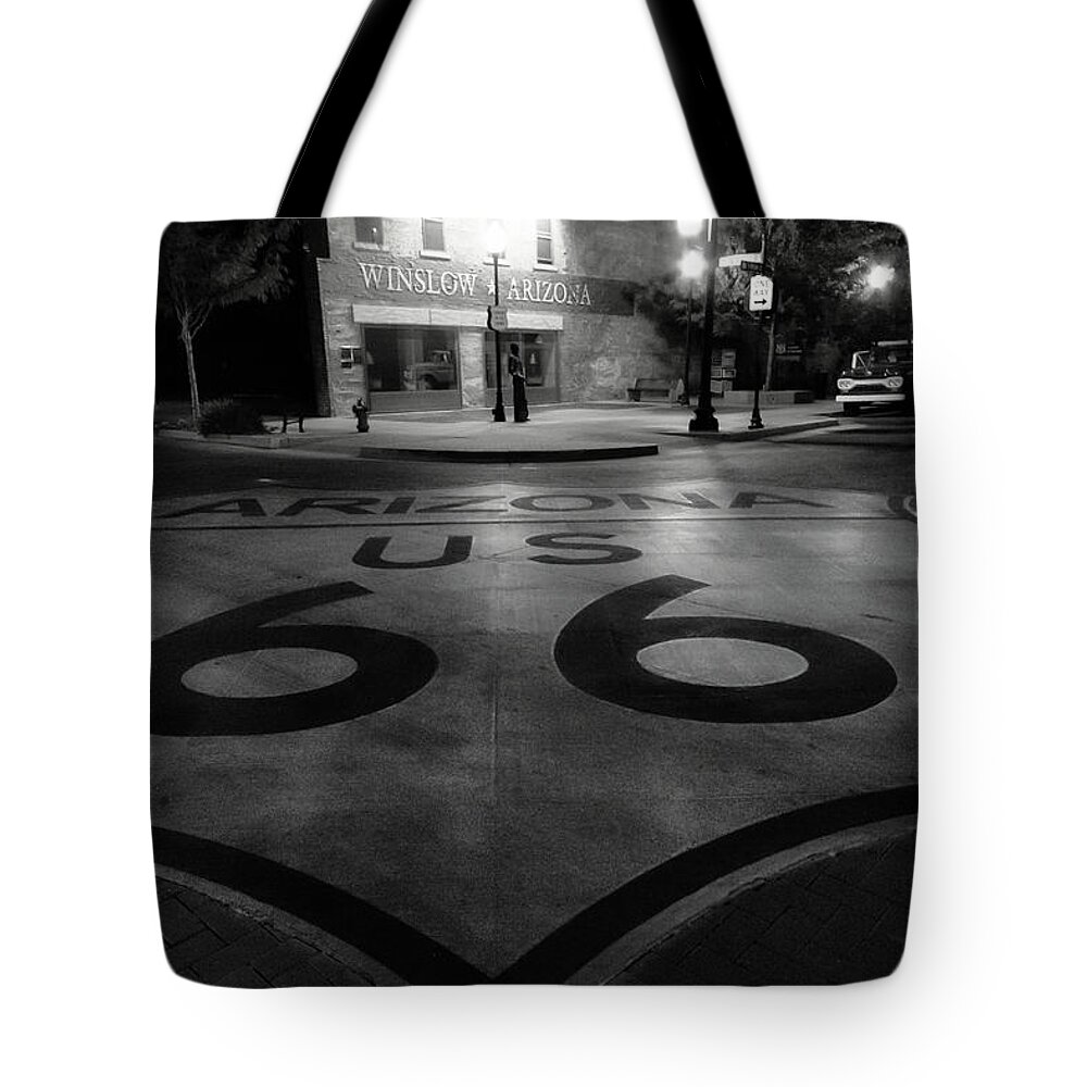 Route 66 Tote Bag featuring the photograph Standin' on the Corner in Winslow, AZ by Micah Offman