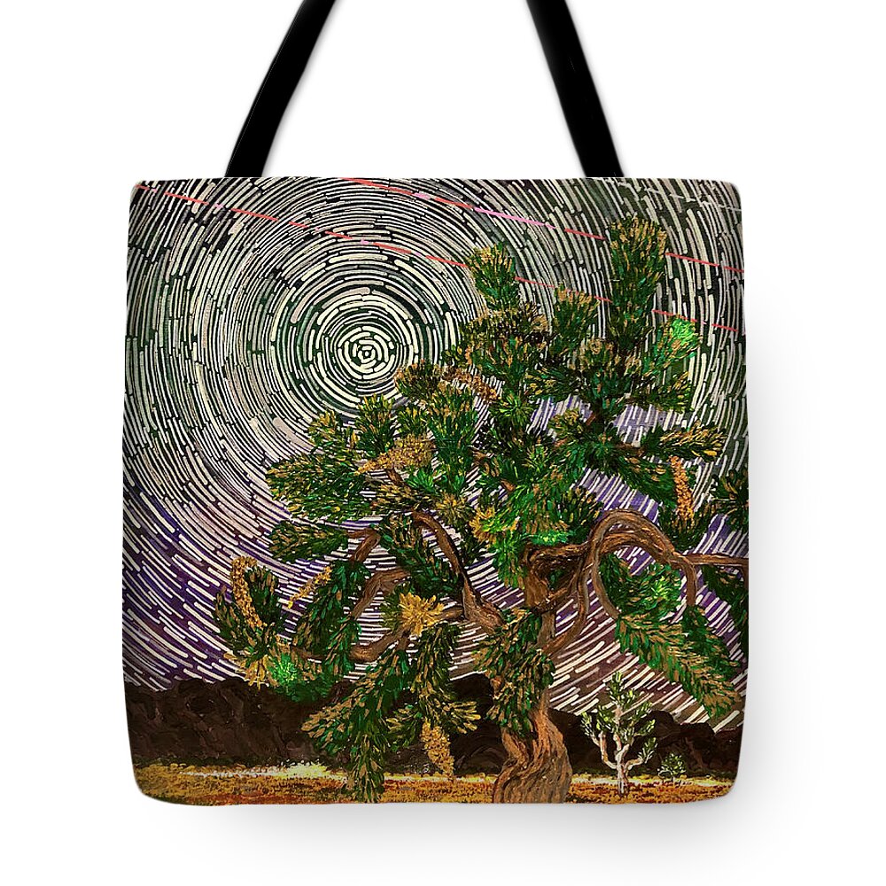 Star Trails Tote Bag featuring the painting Star trails. Joshua Tree National Park, California. by ArtStudio Mateo
