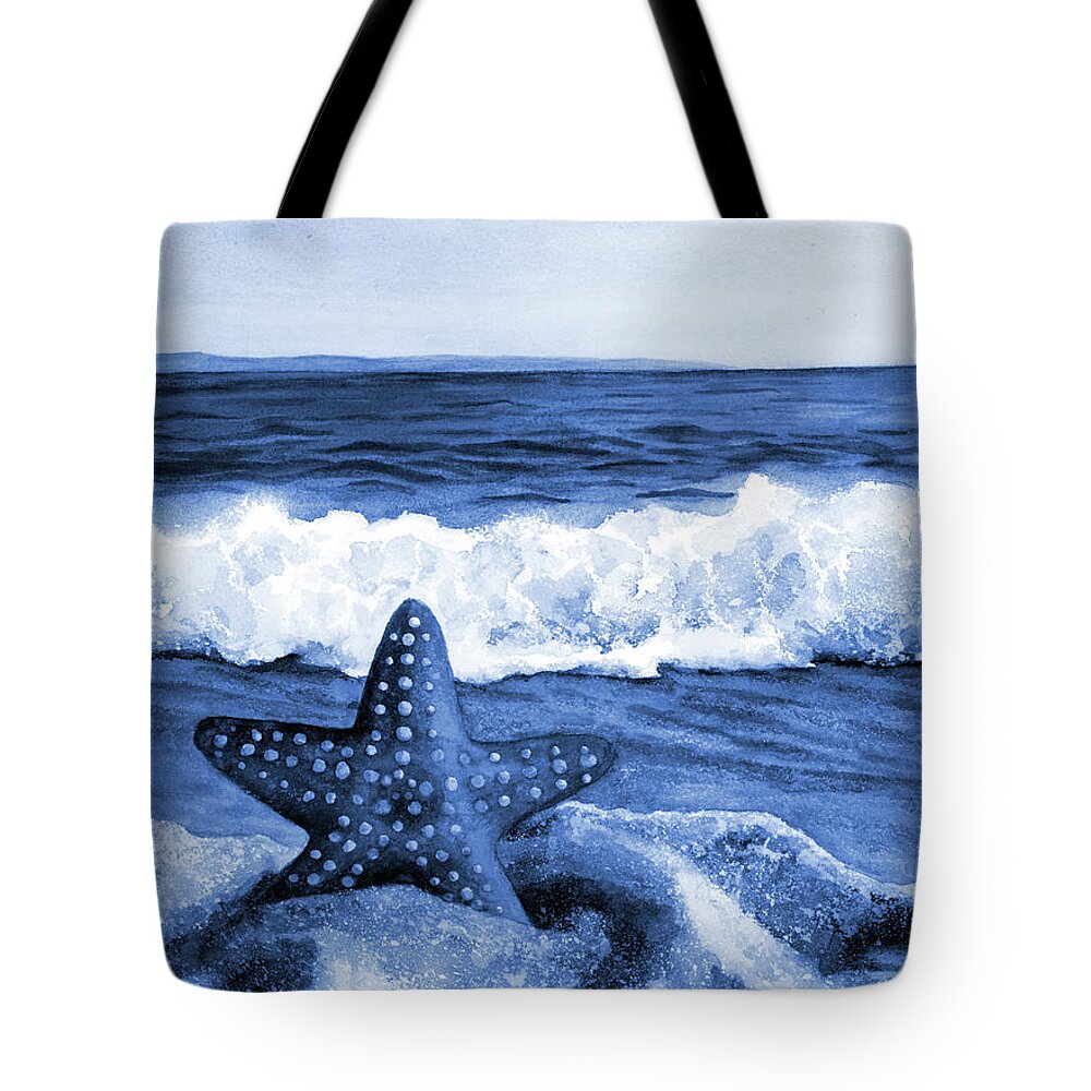 Starfish Tote Bag featuring the painting Starfish and Sea Wave in Blue by Hailey E Herrera