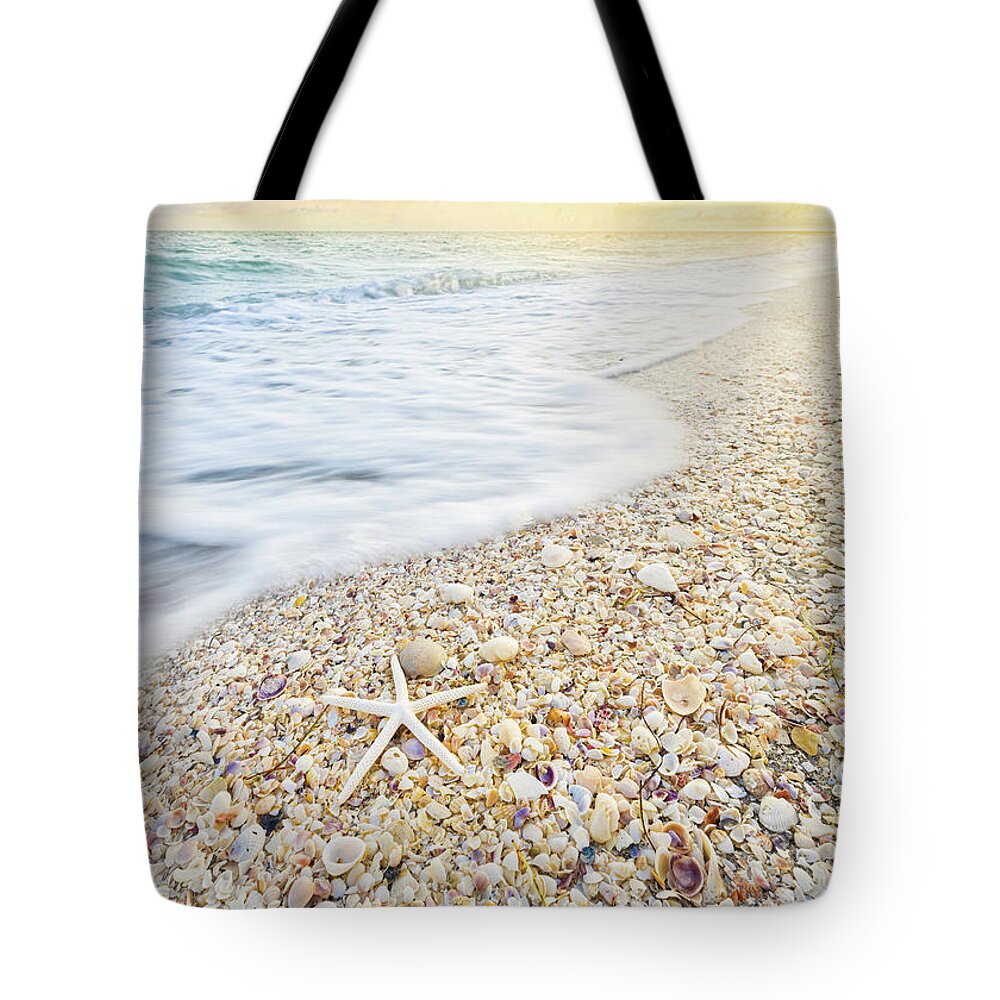 Starfish Tote Bag featuring the photograph Starfish And Seashells Sanibel Island Florida Sunset by Jordan Hill