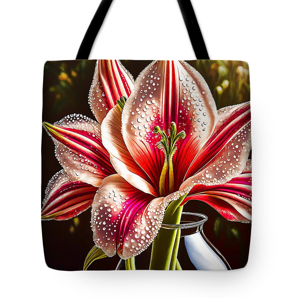 Stargazer Lily Tote Bag featuring the mixed media Stargazer Lily by Pennie McCracken