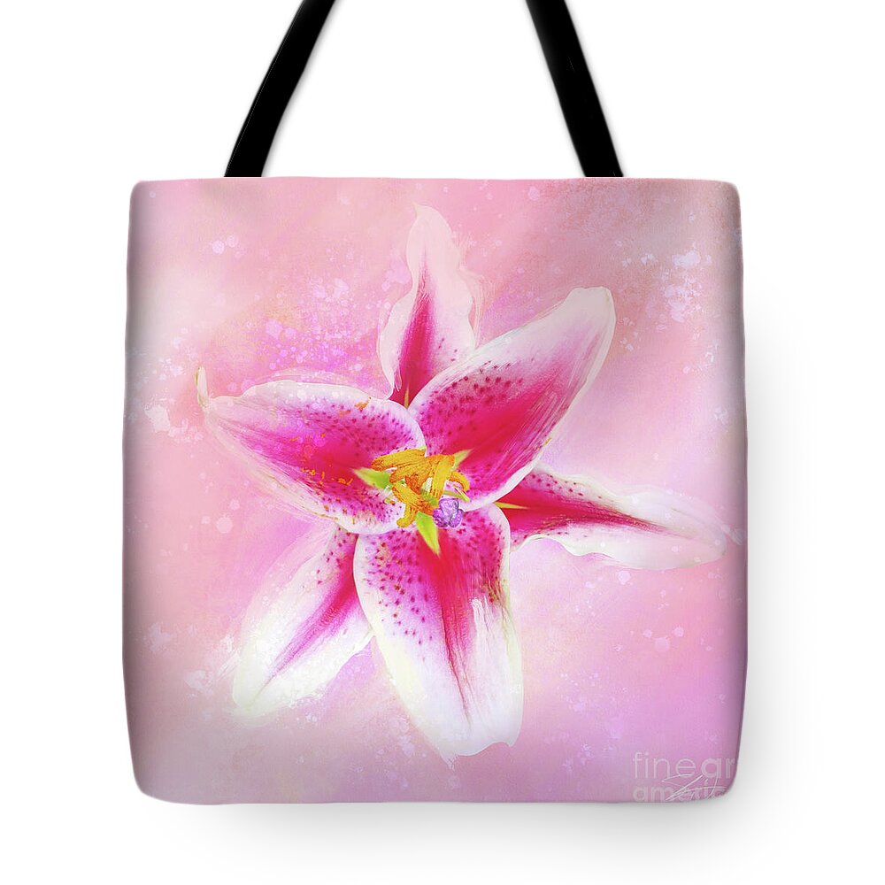 Lily Tote Bag featuring the mixed media Stargazer Lily by Shari Warren