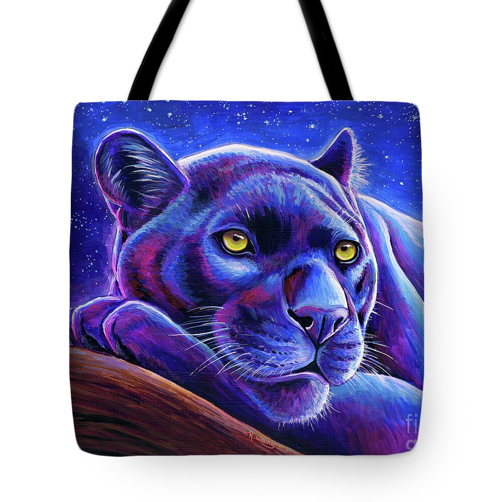 Black Leopard Tote Bag featuring the painting Stargazing - Colorful Black Leopard by Rebecca Wang