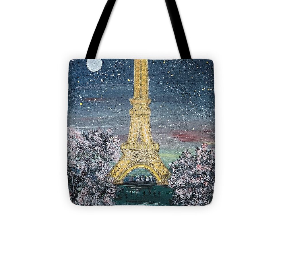 Eiffel Tower At Night Tote Bag featuring the painting Starry Night - Eiffel Tower by M Carlen