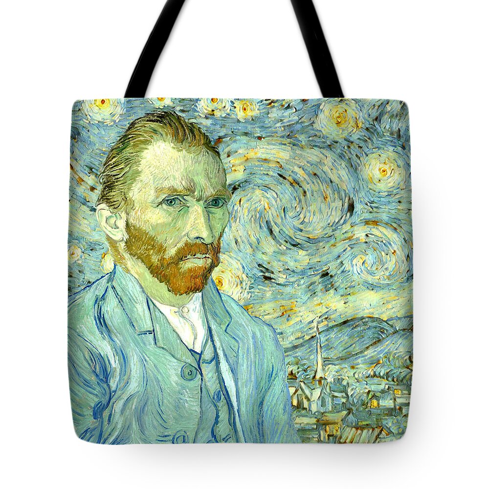 Van Gogh Tote Bag featuring the digital art Starry Night in the colors of Van Gogh self-portrait - digital recreation by Nicko Prints