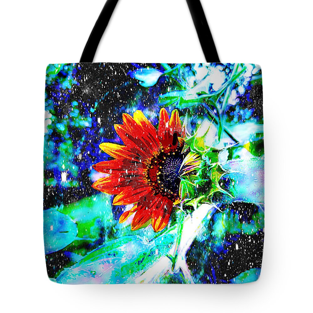 Sunflower With Stars Tote Bag featuring the digital art Starry Skies Sunflower by Pamela Smale Williams