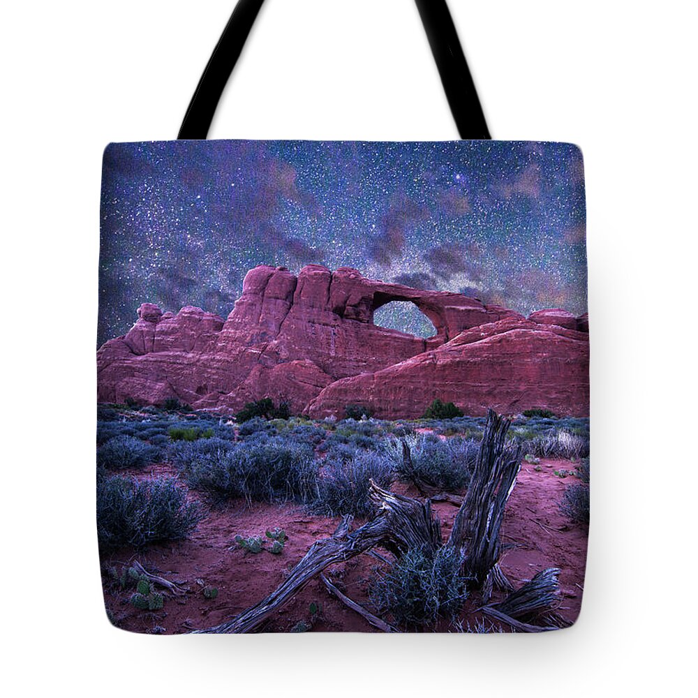 Utah Tote Bag featuring the photograph Starry Sky at Skyline Arch by Aaron Spong