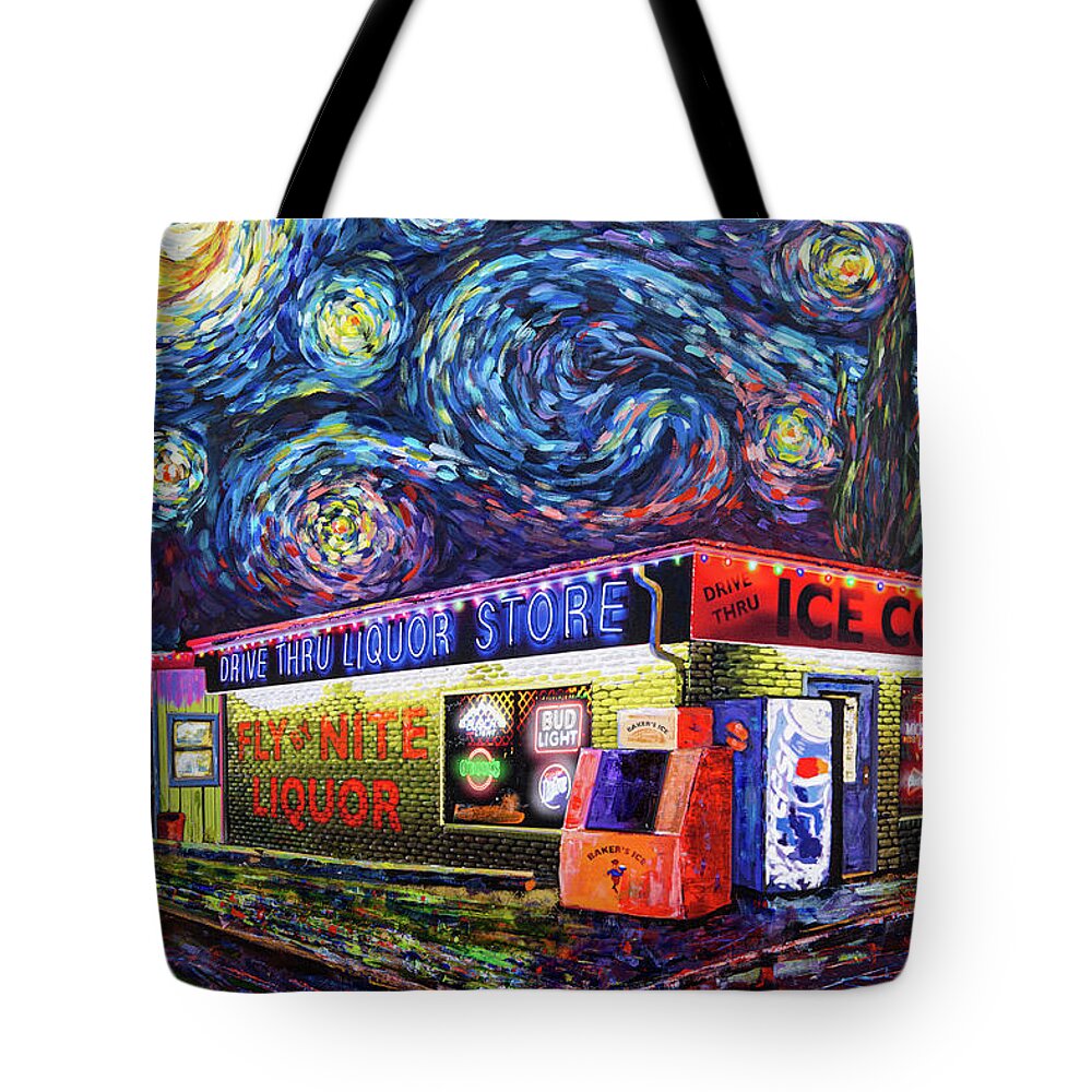 Acrylic Tote Bag featuring the mixed media Starry Starry Fly by Nite Drive Thru Liquor Store by Robert FERD Frank