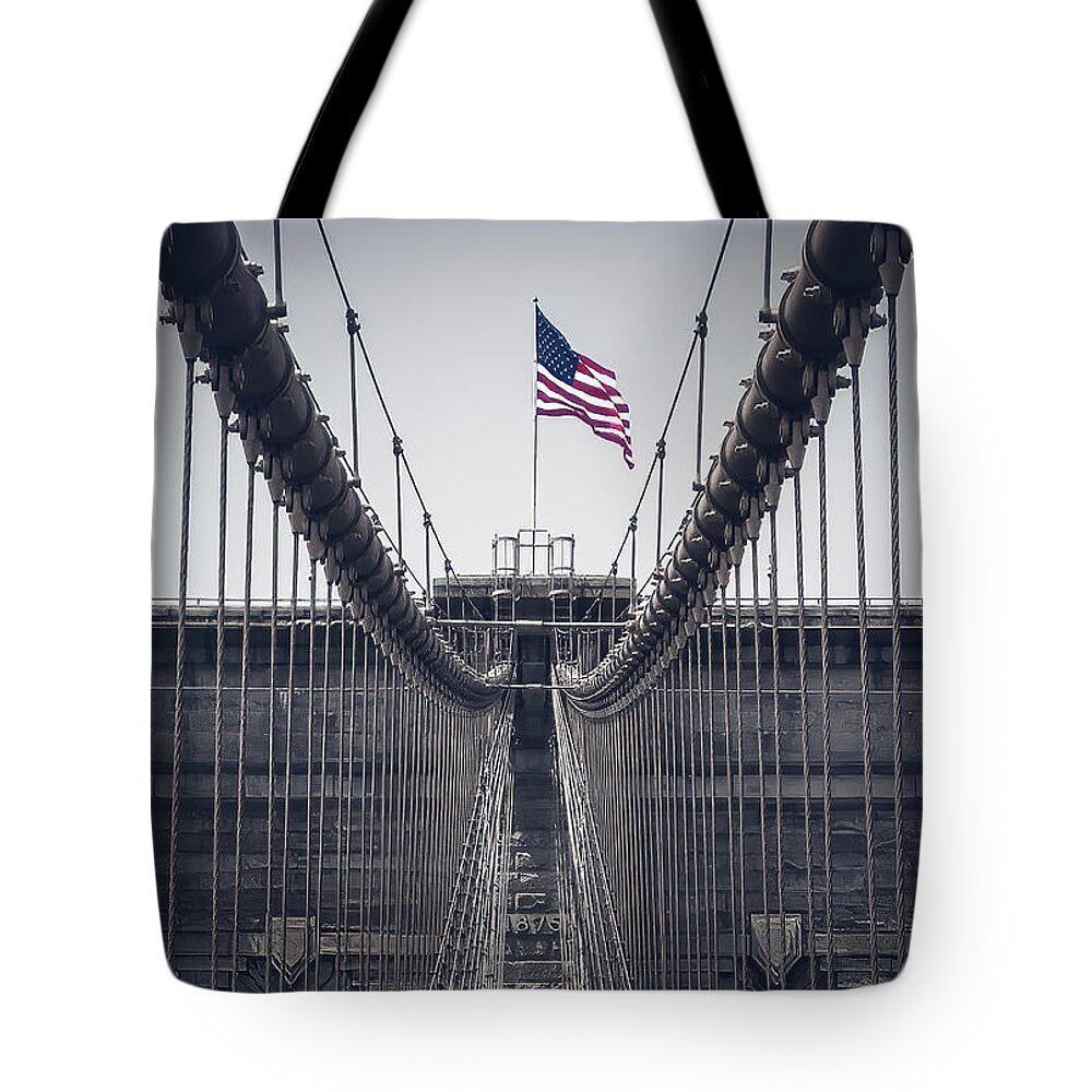 America Tote Bag featuring the photograph Stars and stripes above Brooklyn bridge by Jean-Luc Farges