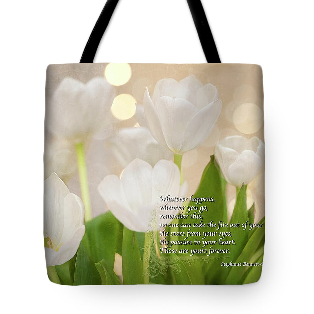 White Flowers Tote Bag featuring the photograph Stars In Your Eyes Quote by Jill Love