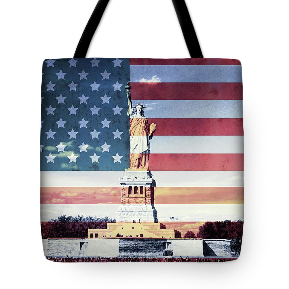 Statue Of Liberty American Flag Tote Bag featuring the mixed media Statue Of Liberty American Flag by Dan Sproul