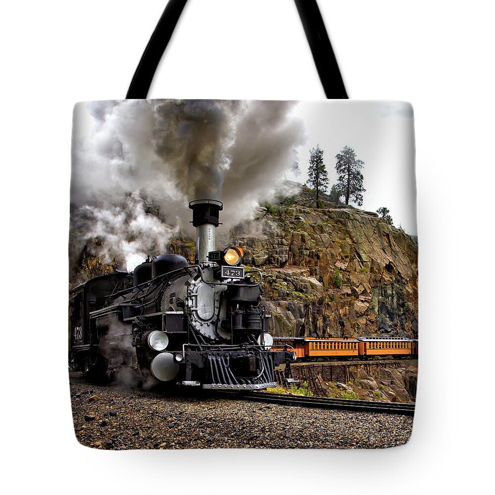 Steam Engine Tote Bag featuring the photograph Steam Engine Around a Bend by Bob Falcone