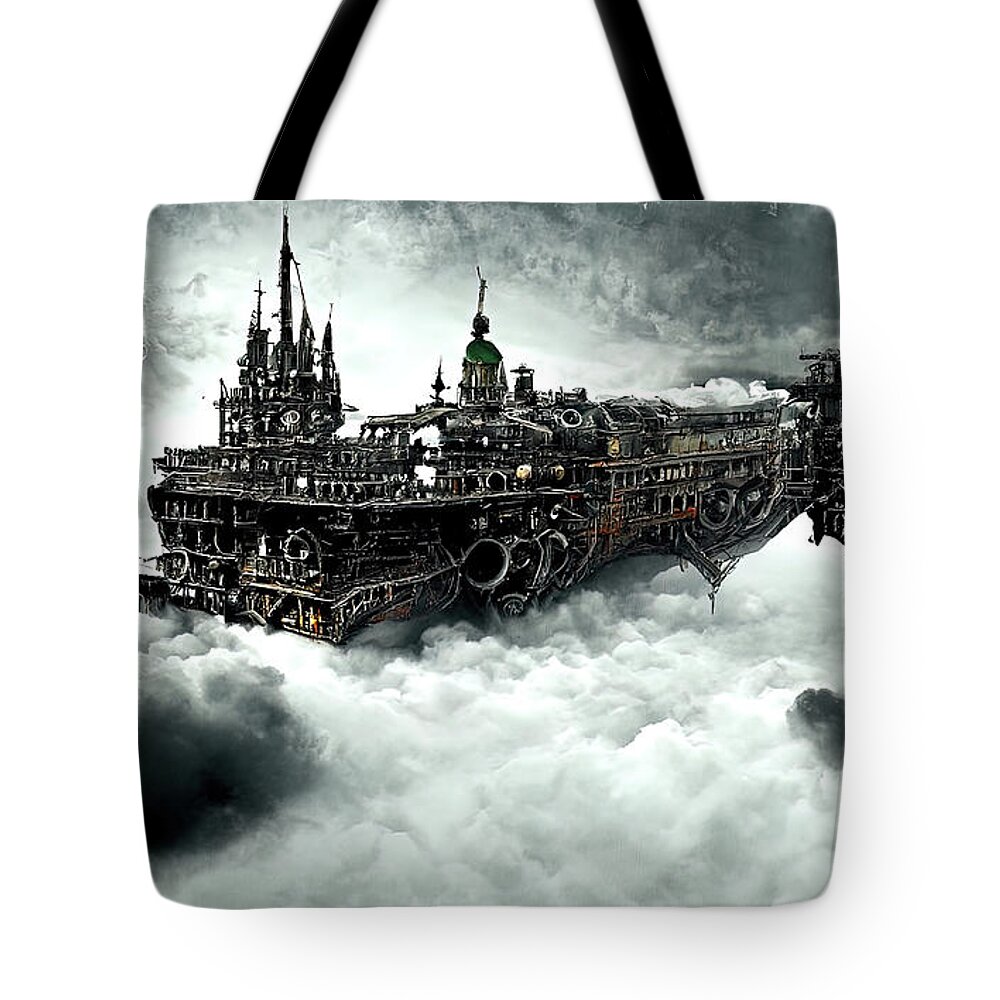Fantasy Tote Bag featuring the painting Steampunk flying ship, 07 by AM FineArtPrints