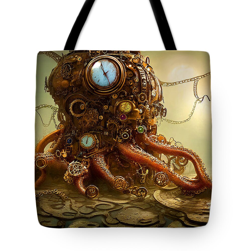 Wingsdomain Tote Bag featuring the mixed media Steampunk Octopus Creatures Of The Deep 20221015a2 by Wingsdomain Art and Photography