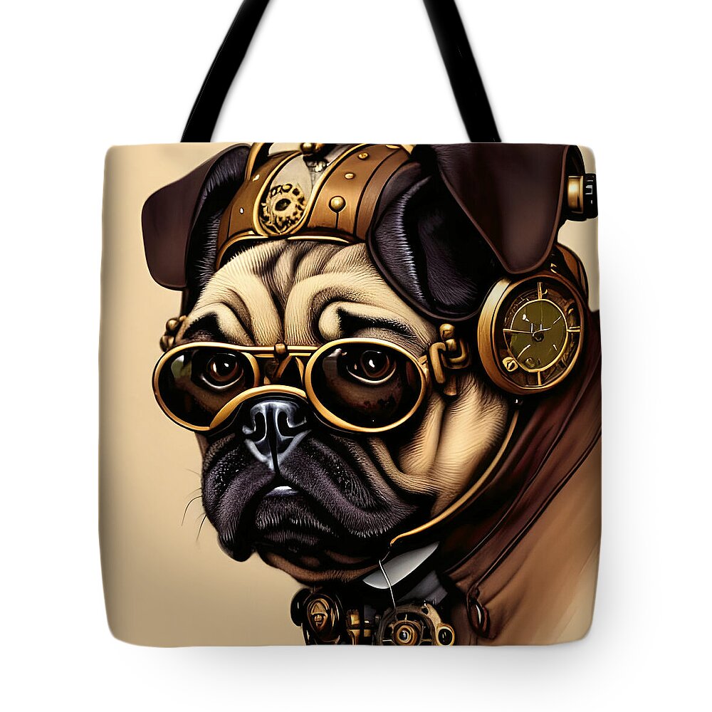 Newby Tote Bag featuring the digital art Steampunk Pug by Cindy's Creative Corner