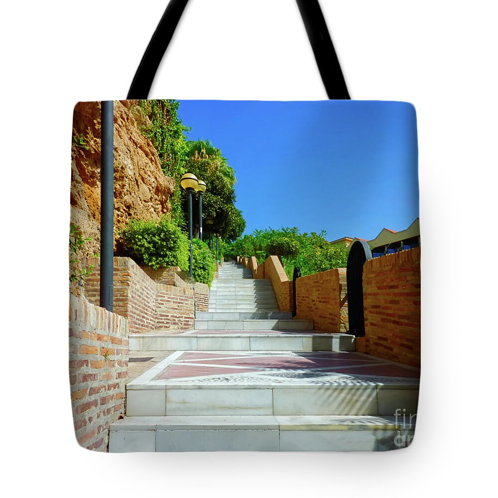 Digital Art Tote Bag featuring the photograph Steps from the beach in Torremolinos taken 2012 by Pics By Tony