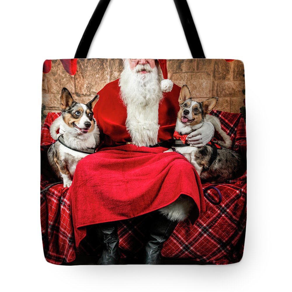 Sidney Tote Bag featuring the photograph Steve-O and Sidney with Santa. by Christopher Holmes