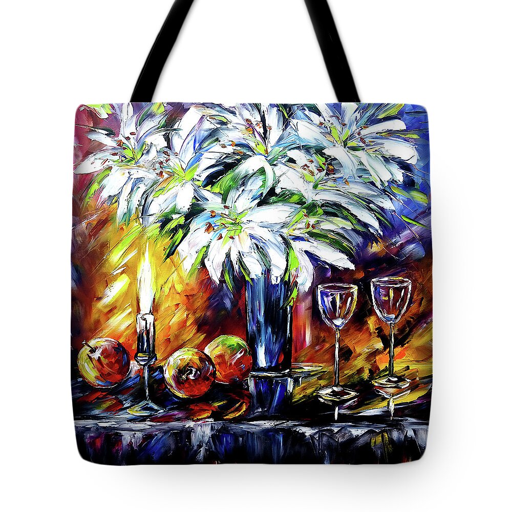 Fruit Still Life Tote Bag featuring the painting Still Life With White Lilies by Mirek Kuzniar