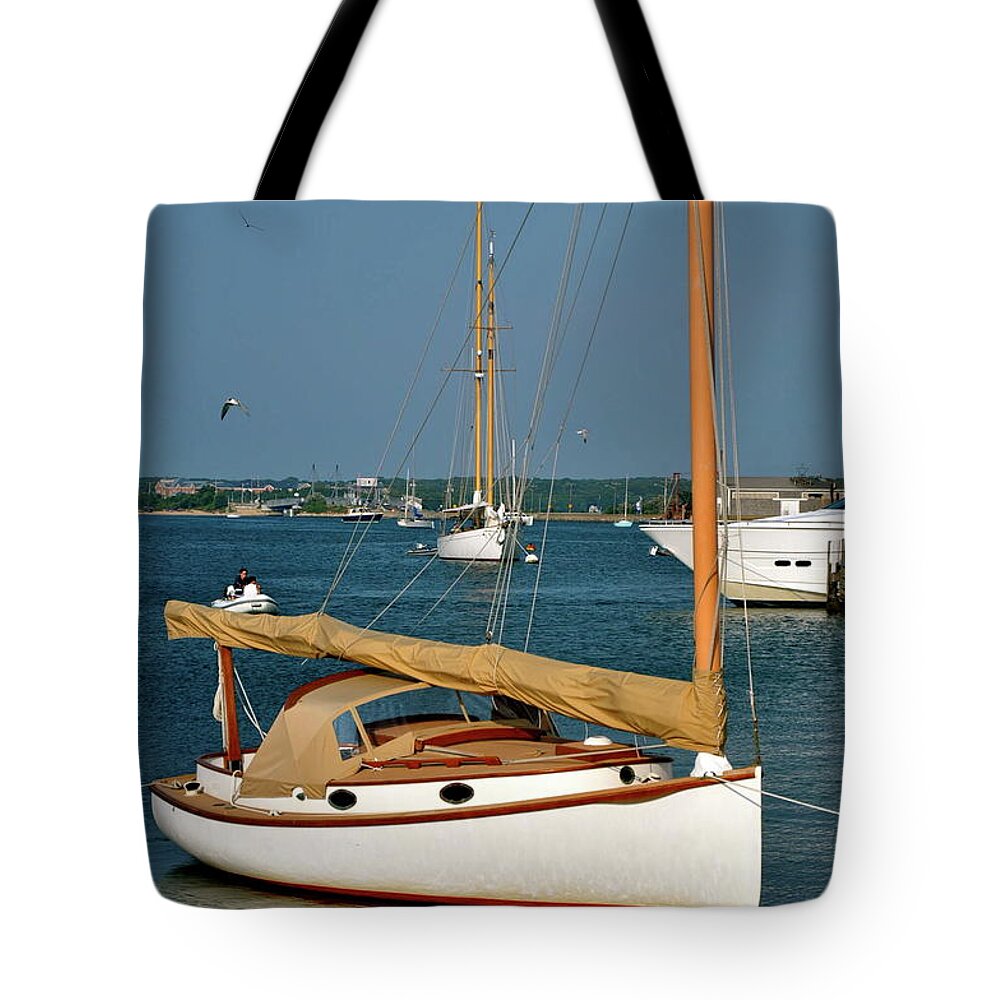 Sailboat Tote Bag featuring the photograph Still Sailboat by Sue Morris