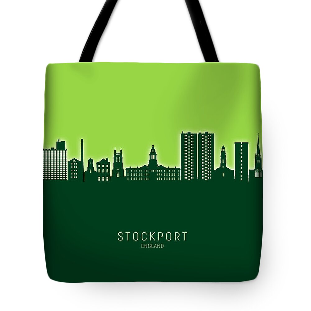 Stockport Tote Bag featuring the digital art Stockport England Skyline #07 by Michael Tompsett
