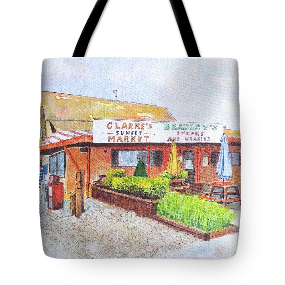Stone Harbor Tote Bag featuring the painting Stone Harbor New Jersey Clarke's Sunset Market and the Old Bradley's by Patty Kay Hall