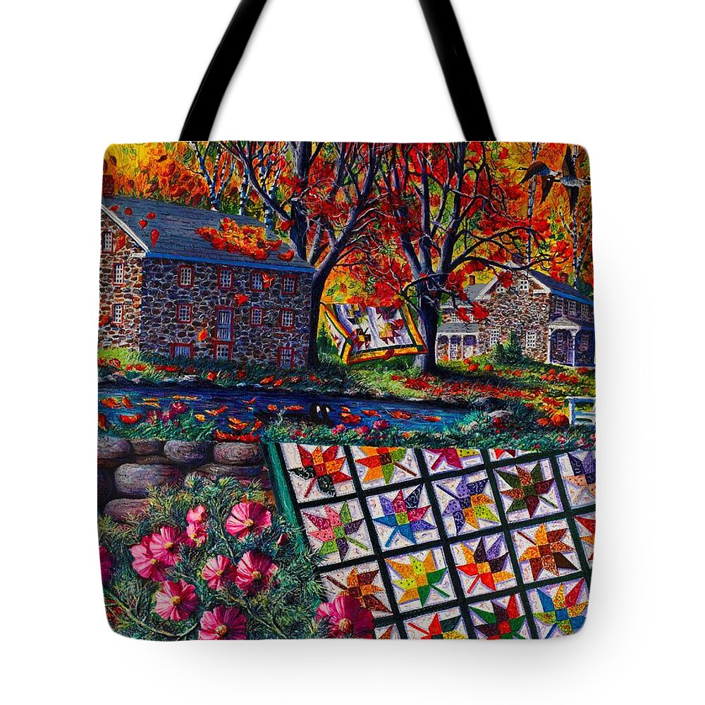 Landscape Of Stone Mill Autumn Crossing Tote Bag featuring the painting Stone Mill Autumn Crossing by Diane Phalen