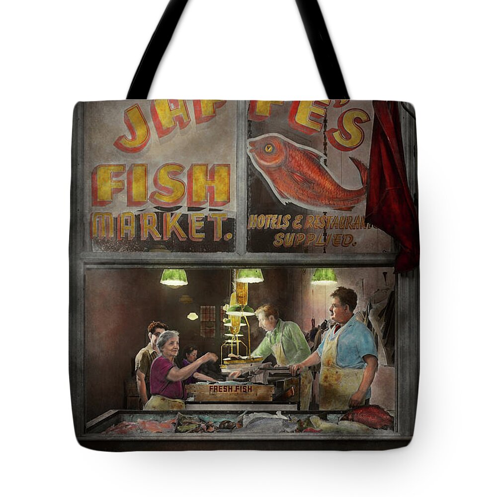 Colorized Tote Bag featuring the photograph Store - Fish NY - Jaffe's Fish Market by Mike Savad