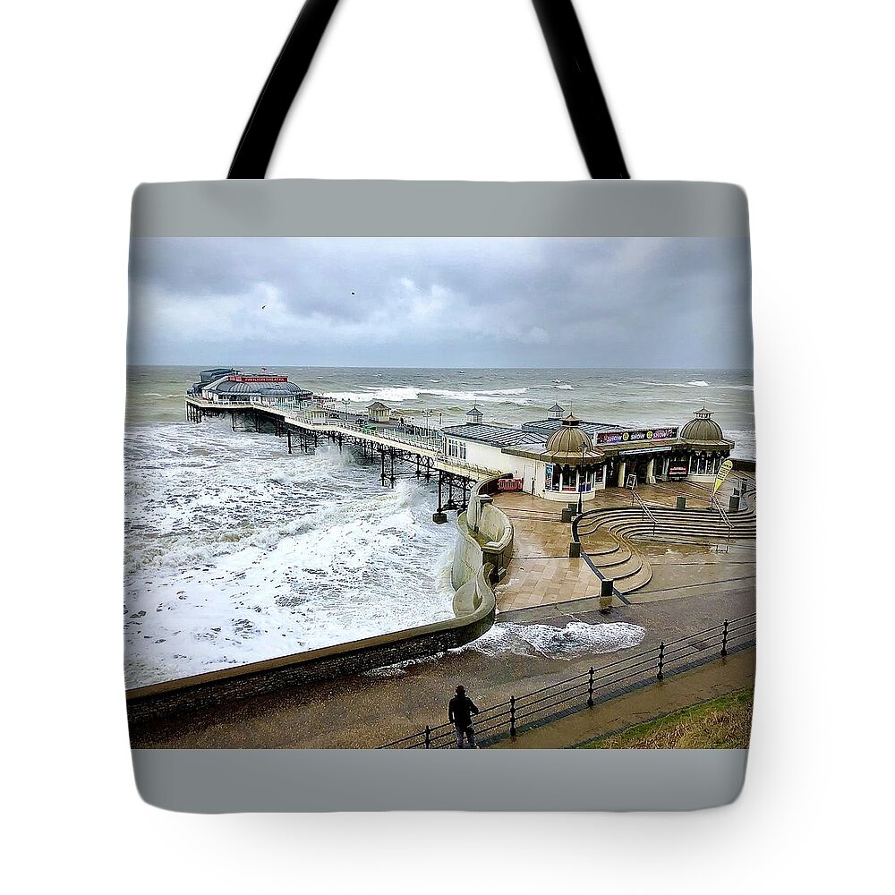  Tote Bag featuring the photograph Storm Armen at Cromer Pier by Gordon James